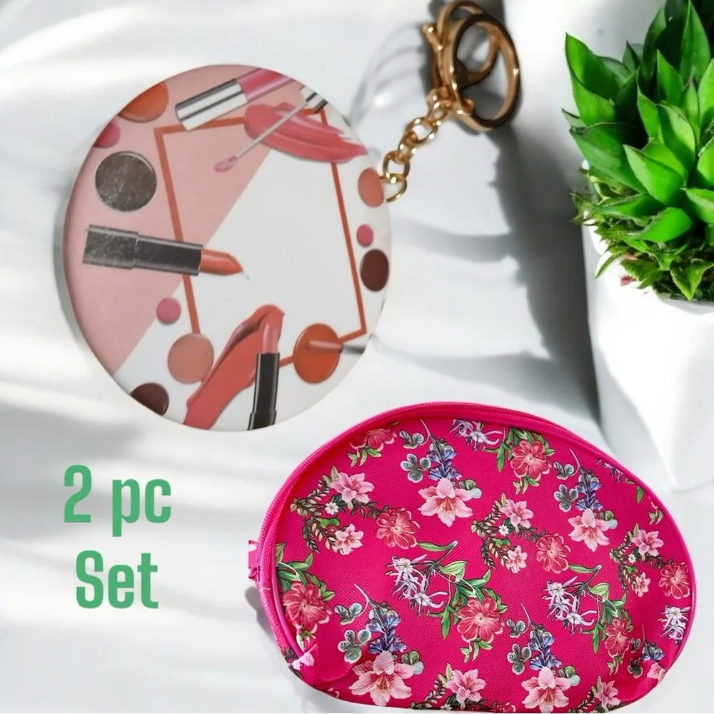 NWT ~ Floral Pink Cosmetic Pouch and Makeup Mirror keychain Set NEW Never Used